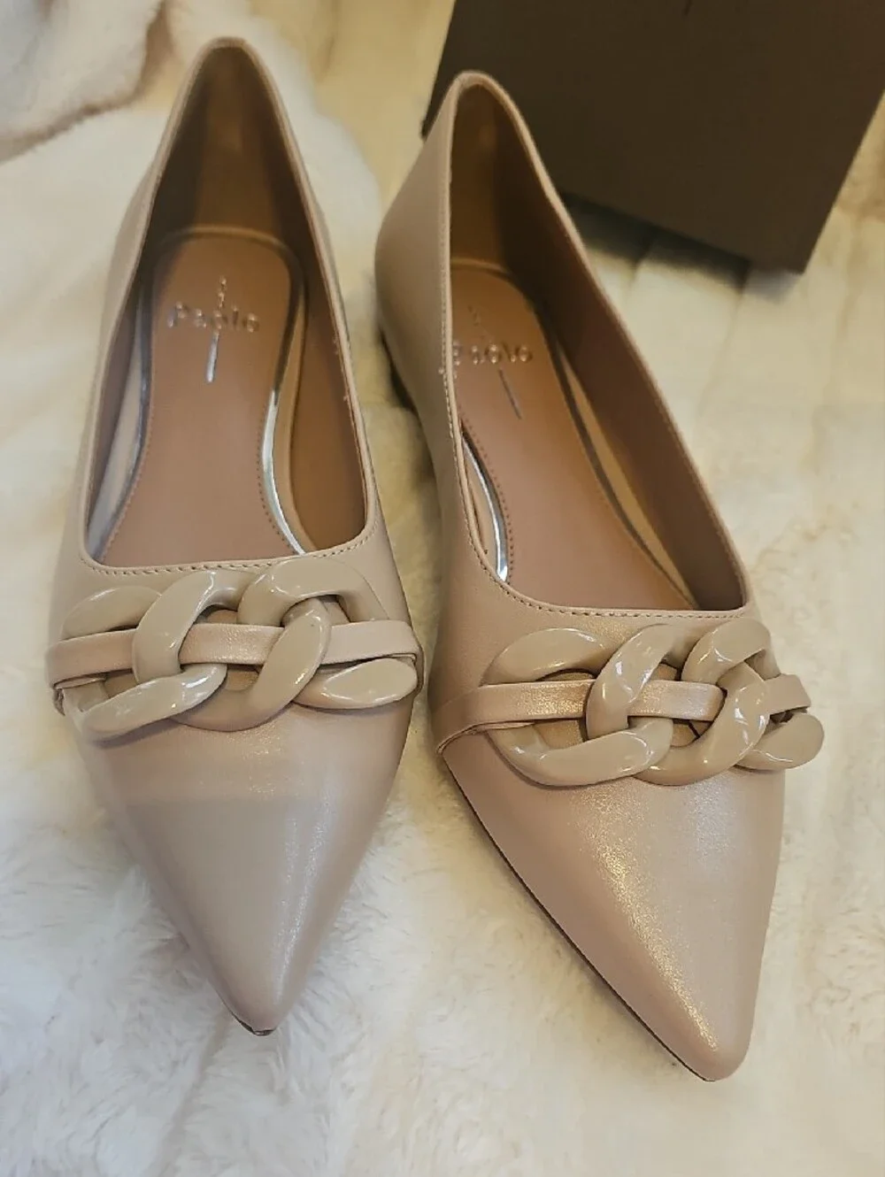 Paolo Women's Taupe Pointed Toe Nappa Leather Flats with Chain Accent